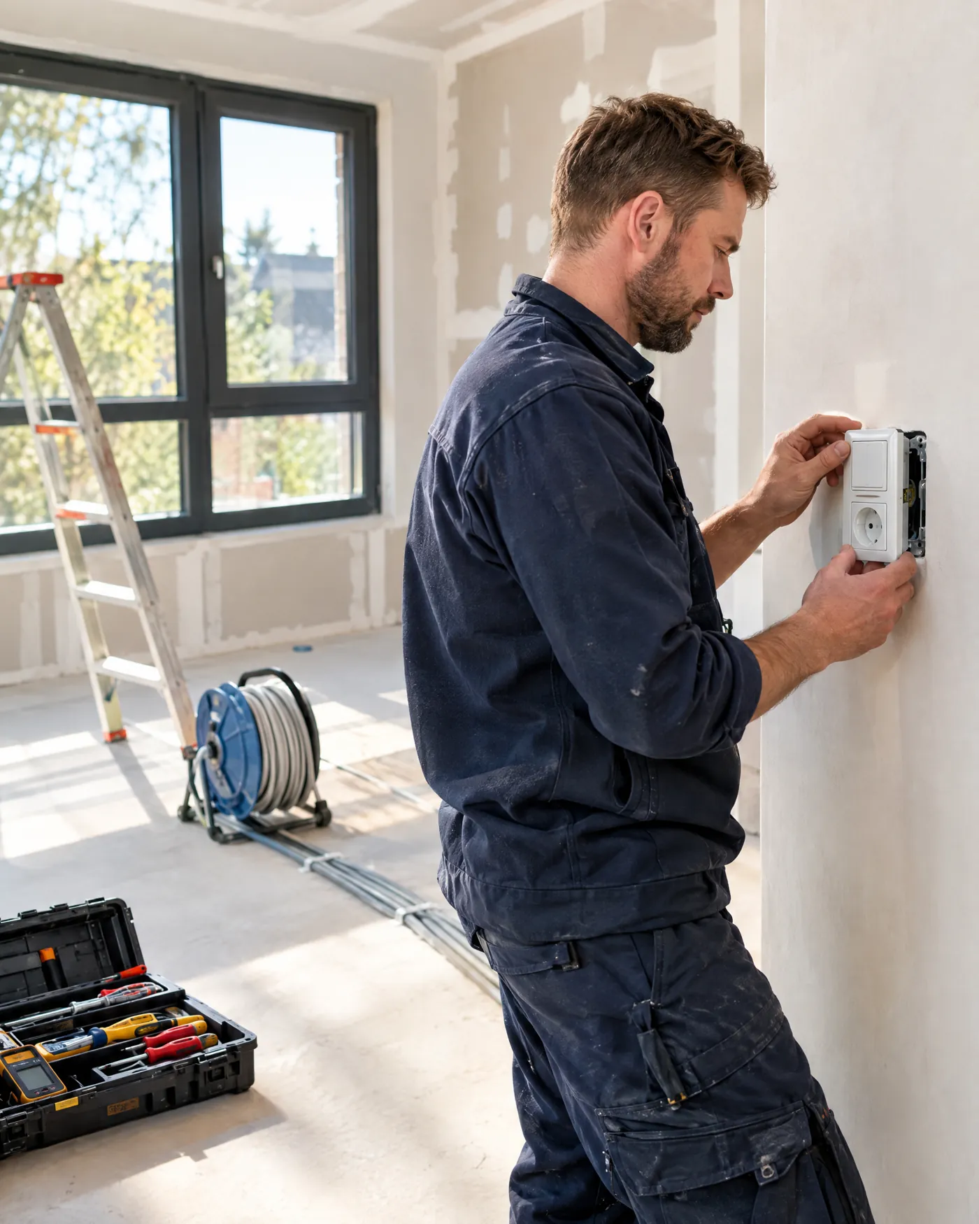 Elektriker montiert eine Schalter-Steckdosen-Kombination in einem Raum in der Renovierung