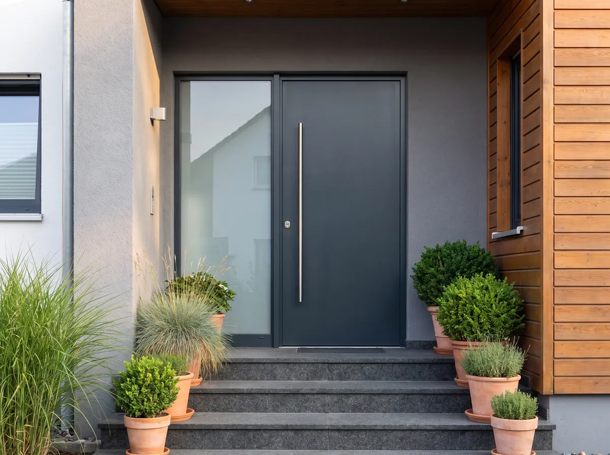 Moderne anthrazitfarbene Haustür mit Glas-Seitenteil an einem hellen Wohnhaus