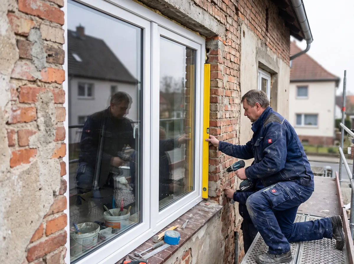 Monteur setzt ein neues Fenster in eine Ziegelwand ein
