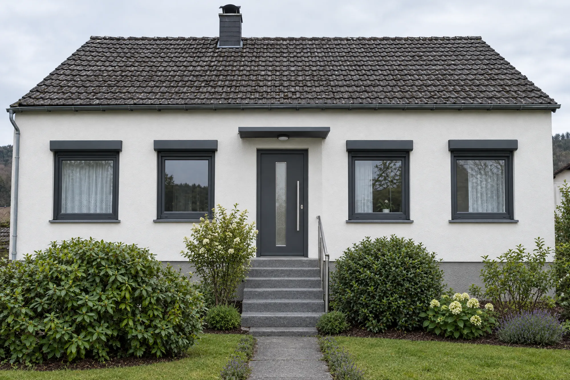 Nachher: modernisiertes Haus mit neuen anthrazitfarbenen Fenstern, neuer Haustür und frischer Fassade