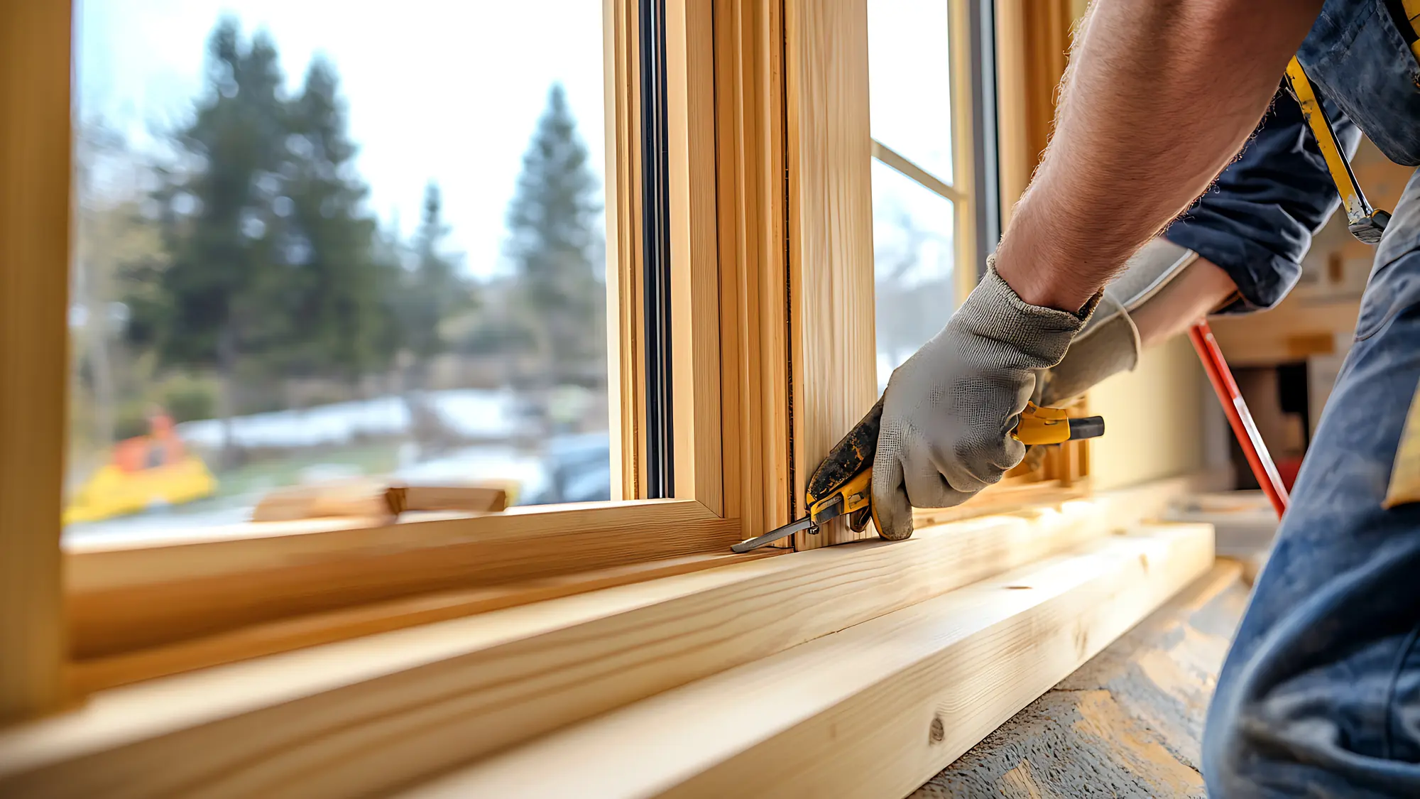 Handwerker montiert ein neues Holzfenster