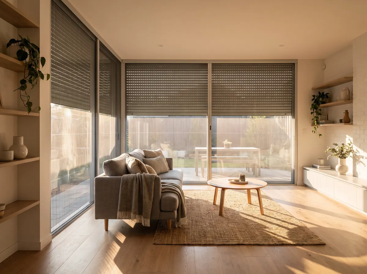 Helles Wohnzimmer mit halb geschlossenen Rollläden