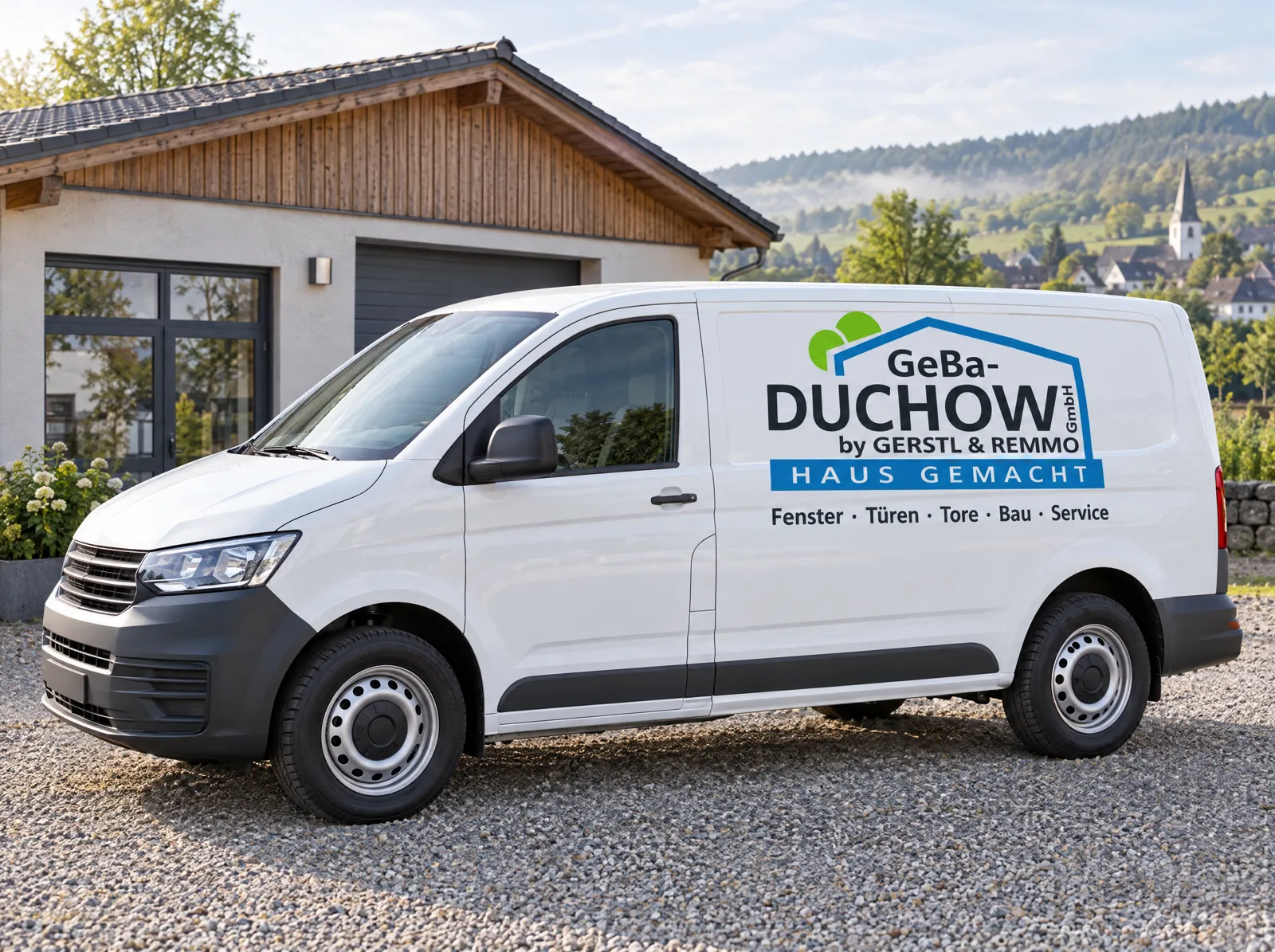 Weißer Firmentransporter mit GeBa-Duchow-Logo