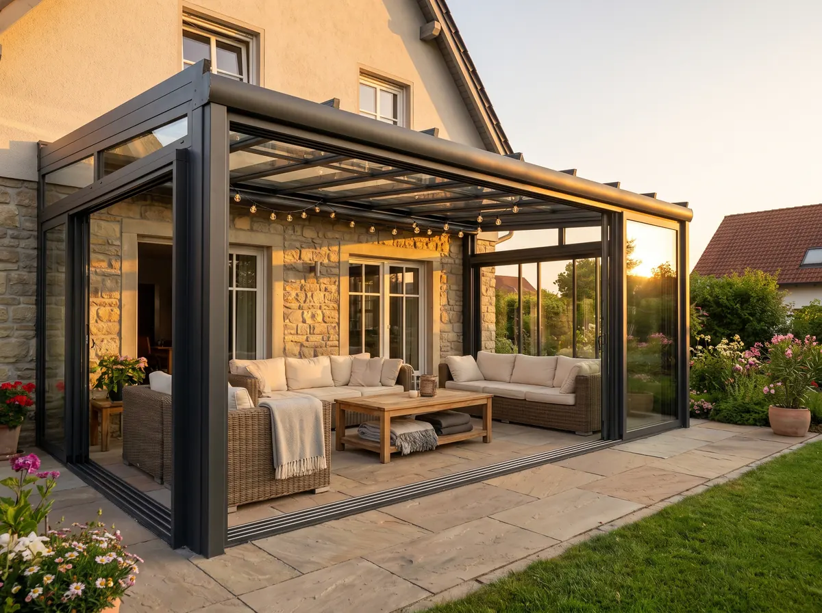 Aluminium-Terrassenüberdachung mit Glasdach und Lounge-Möbeln